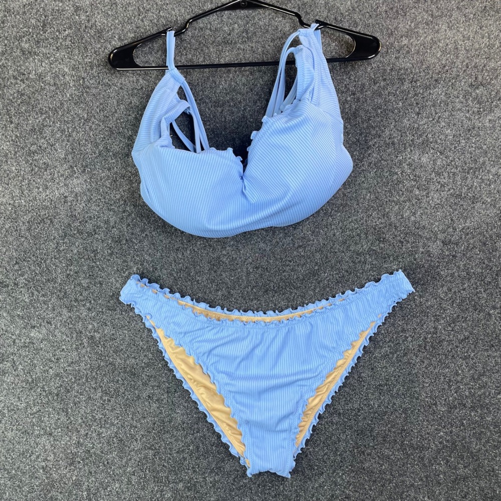 Shade & Shore Blue Ribbed Bikini Set Underwire Top 36D Bottoms XL Lettuce Edge